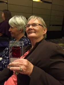 Glenda Larke with her Tin Duck. Juliet Marillier sitting next to her.
