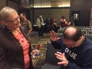 Glenda with John Scalzi, asking for forgiveness. Lol.
